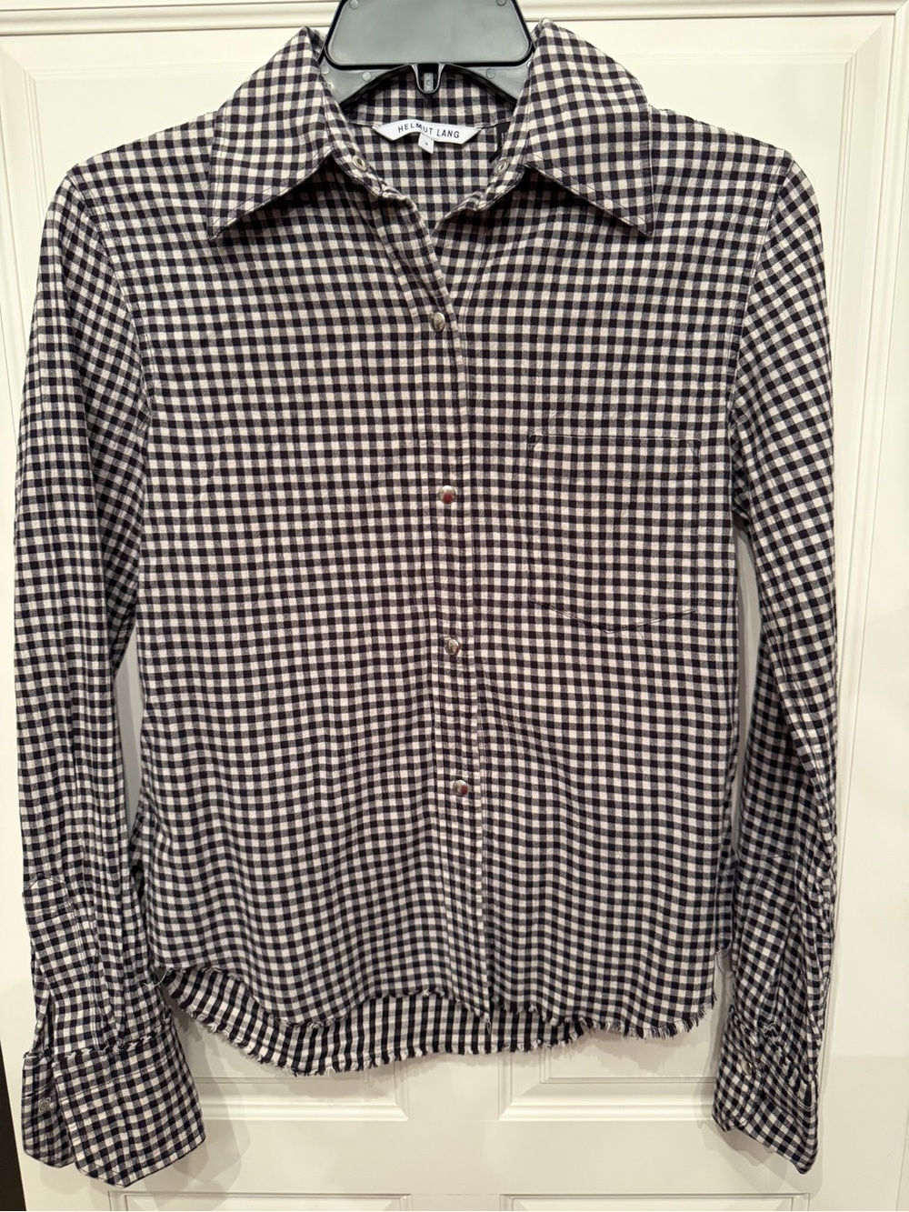 HELMUT LANG Frayed Hem Gingham Snap Front Shirt Size S ** see description